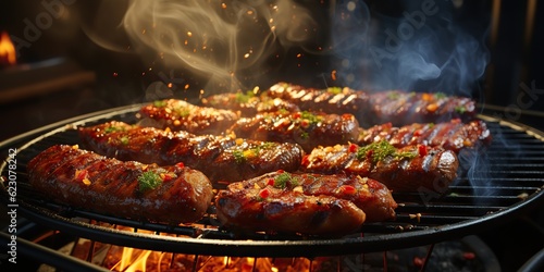 AI Generated. AI Generative. BBQ grill barbecuse steak beed pork sausages on fire preapring meat food. Party garden restaurant vibe. Graphic Art photo