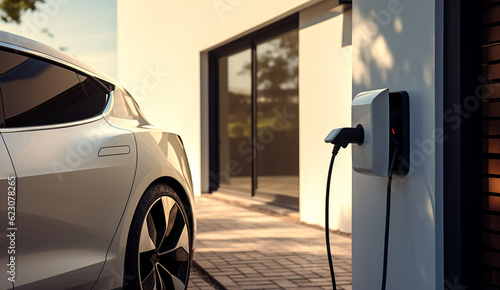 Generic electric vehicle EV hybrid car is being charged from a wallbox on a contemporary modern residential building house. technology of home charging for electric vehicles photo