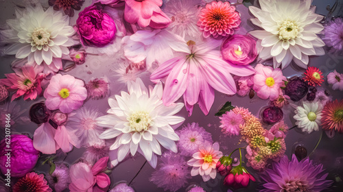 Summer blossoming delicate dahlias, blooming flowers festive background, pastel and soft bouquet floral card, selective focus, toned © zamuruev