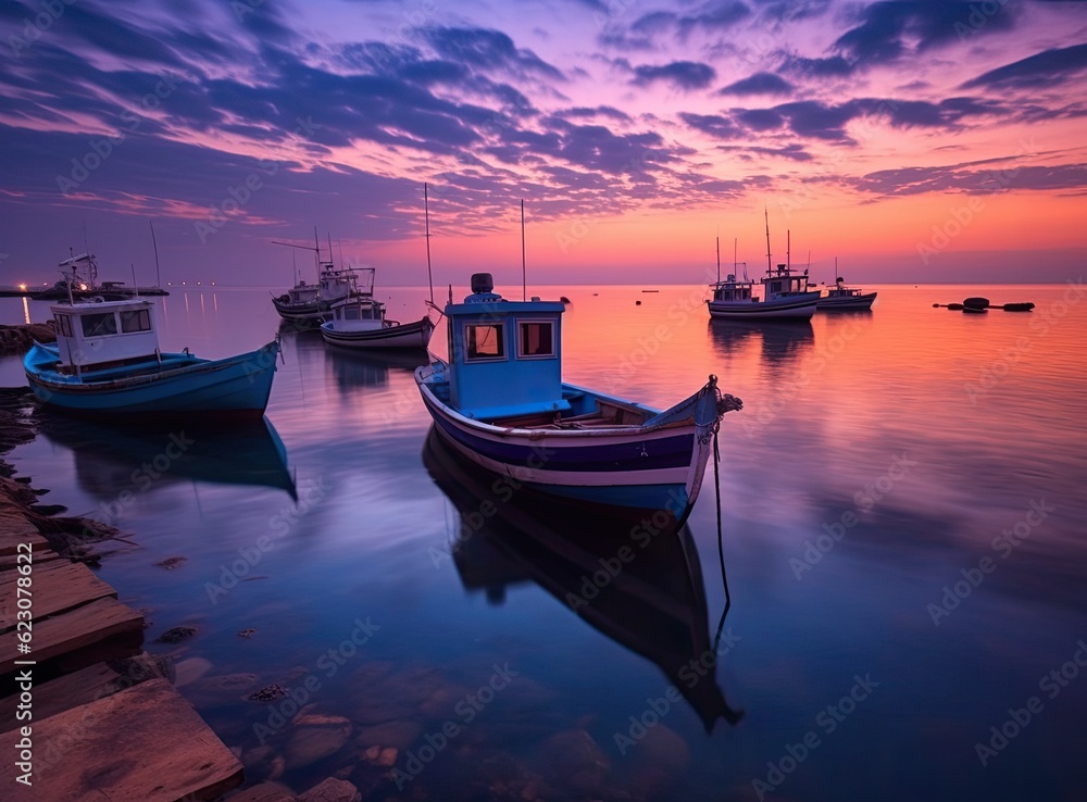Colorful landscape stock photo of sunset over the ocean and boats.