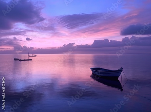Colorful landscape stock photo of sunset over the ocean and boats.