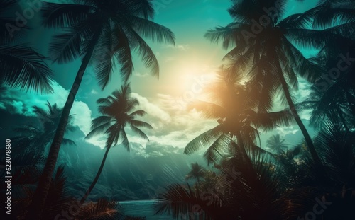 Tropical beach with palm trees from the top in low light © Marharyta