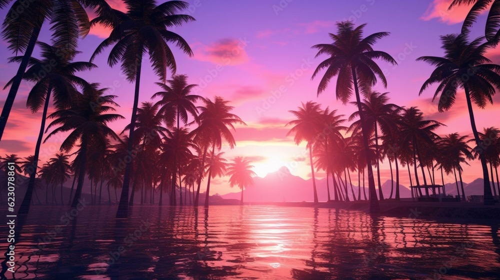 Palm trees with purple sunset