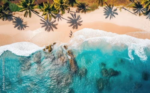 Beach with palm trees on the shore in the style of birds-eye-view. Turquoise and white plane view on beach aerial photography.