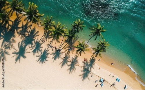Fotografiet Beach with palm trees on the shore in the style of birds-eye-view