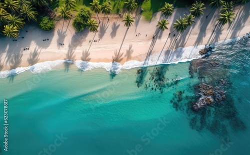 Stampa su tela Beach with palm trees on the shore in the style of birds-eye-view