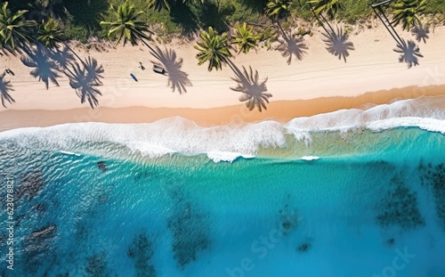 Beach with palm trees on the shore in the style of birds-eye-view. Turquoise and white plane view on beach aerial photography.