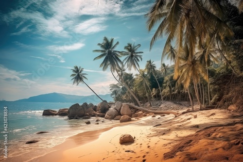 Beach with palm trees on the shore