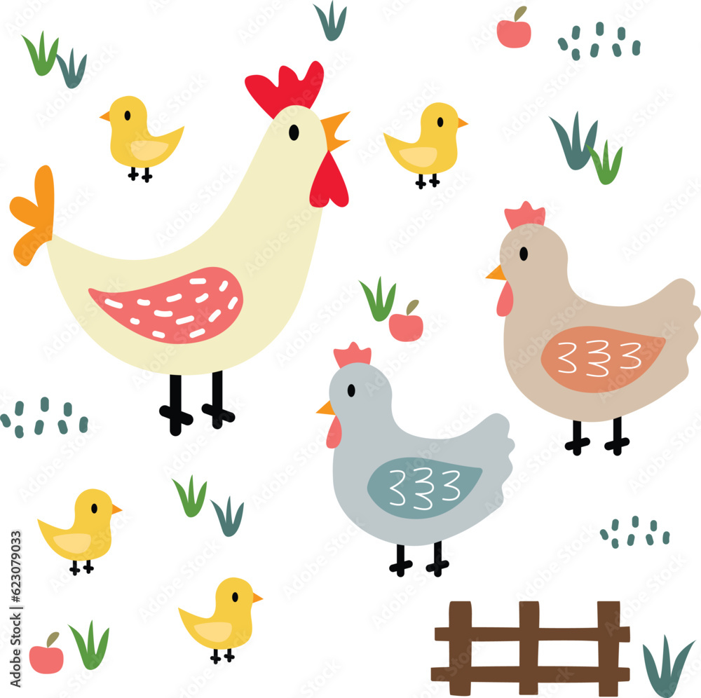 Vector illustration chikens, chick, rooster for kids