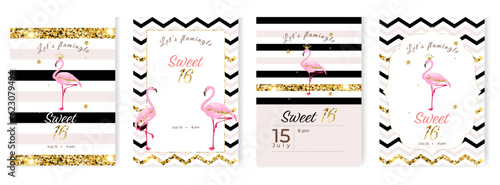 Invitation cards set template for celebrating 16th anniversary event party with flamingos, glitters and stars photo