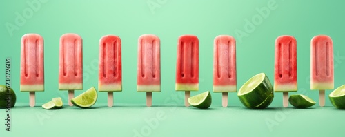 Popsicles of fresh and healthy watermelom on green background, summer panorama. Generative Ai. photo