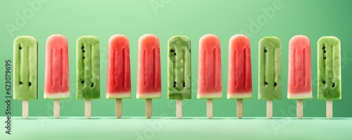 Popsicles of fresh and healthy watermelom on green background, summer panorama. Generative Ai. photo