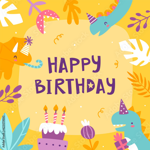 Happy birthday banner with cute dino and plants. Vector congrats card with abstract dinosaurs for kids.
