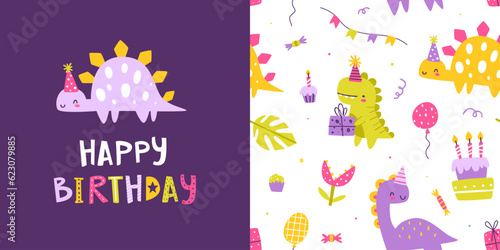 Cute dino birthday party pattern set. Seamless purple vector print collection with abstract dinosaurs party for wrapping paper.