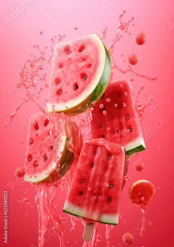 Popsicles of fresh and healthy watermelom on red background, summer . Generative Ai. photo