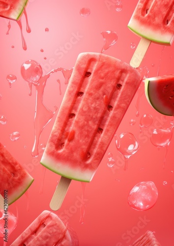 Popsicles of fresh and healthy watermelom on red background, summer . Generative Ai. photo