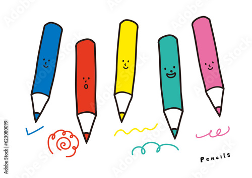 かわいい鉛筆セット　手描きイラスト　素材　採点　勉強　らくがき　鉛筆　カラフル　キャラクター
