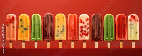 Popsicles of fresh and healthy watermelom on red background, panorama. Generative Ai. photo