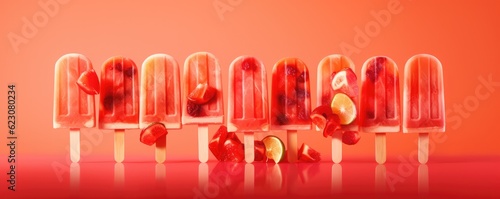 Popsicles of fresh and healthy watermelom on red background, panorama. Generative Ai.