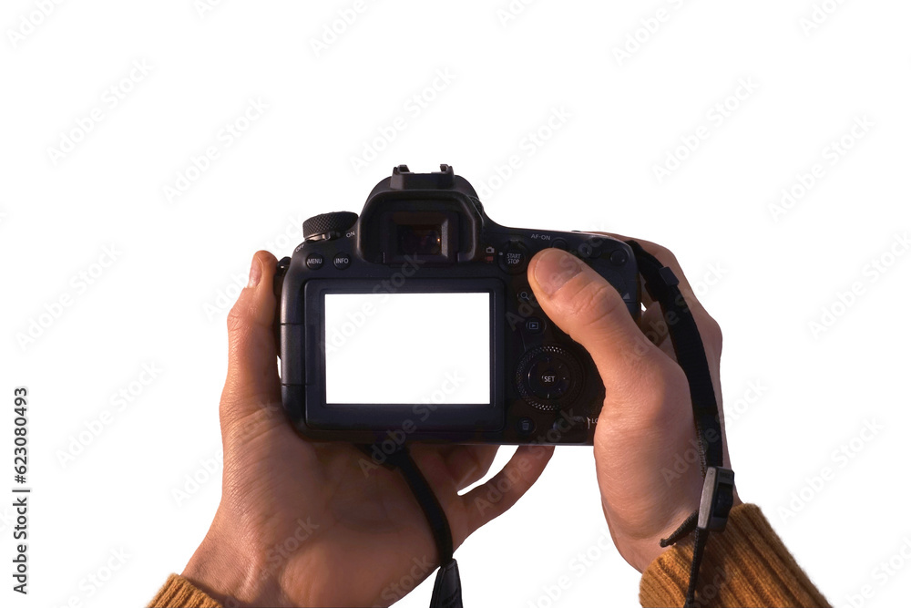 Hand hält eine digitale Spiegelreflexkamera und drückt einen Knopf, transparentes PNG - obrazy, fototapety, plakaty 