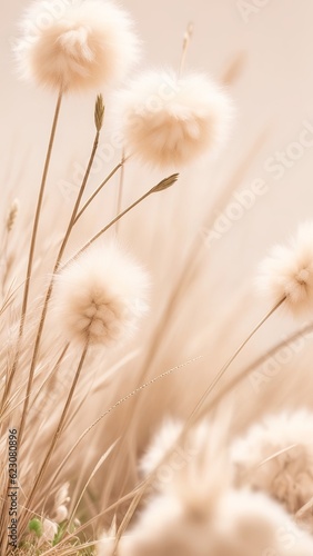 Fotografia Dry grass with fluffy bunny tails on a beige background