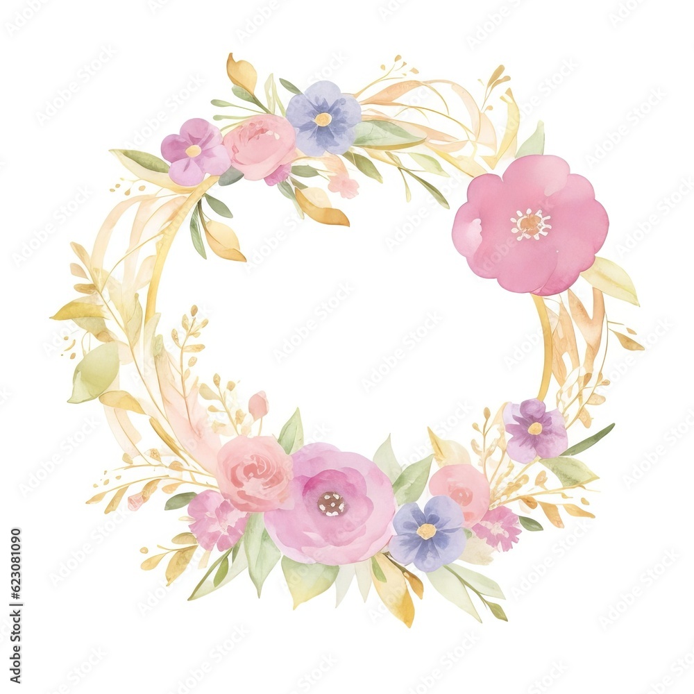Pink floral wreath in a vector watercolour style with a golden circle. Generative AI.