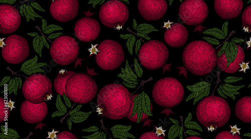Pomegranate pattern. Pomegranate plant branch with fruits. Vintage Pomegranates illustration. Hand drawn ink style fruit background. Pomegranate tree, ripe fruit. Rosh hashanah print. Textile, fabric 