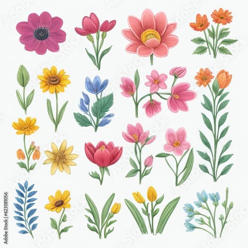 Hand-Drawn Spring Flowers Collection on a White Background. Generative AI. © Happy Hues