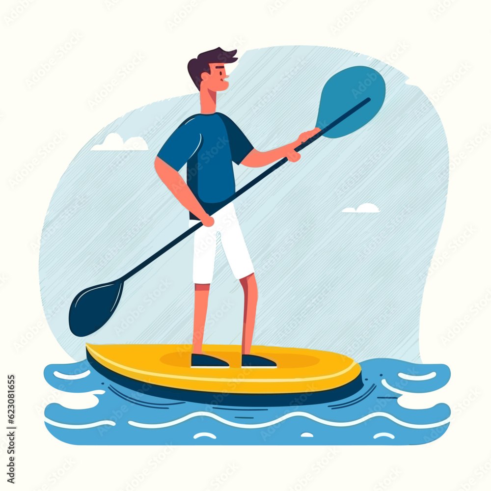 Man paddling on stand up paddleboard. Summer vacation leisure activity. Cartoon illustration.