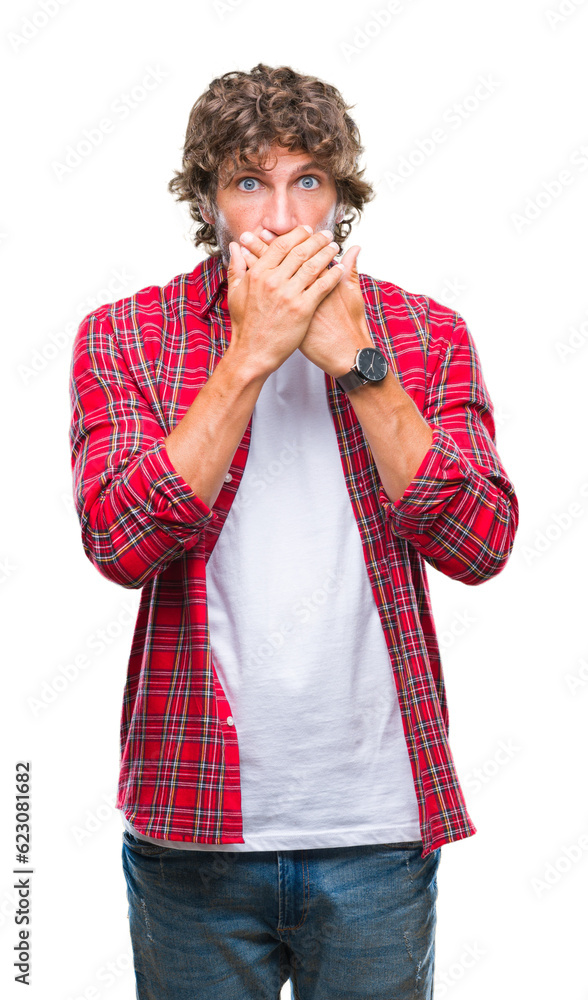 Handsome hispanic model man over isolated background shocked covering mouth with hands for mistake. Secret concept. Handsome hispanic model man over isolated background shocked covering mouth with hands for mistake. Secret concept.