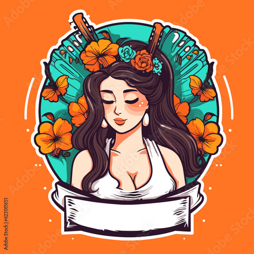 A young girl represents a poetic poet in the middle of a flower garden. Cartoon vector illustration.