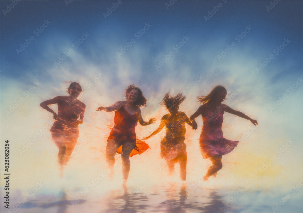 Obraz premium group woman man happiness celebrate vacation youth friend fun ocean jump sunset. Generative AI.