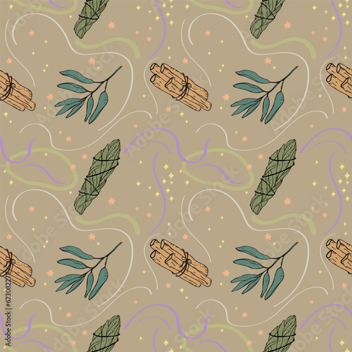 Smudge sticks spiritual rituals Seamless pattern Illustration with sage,white sage, Palo Santo sacred plant, aromatherapy sticks, plants. Mystical hand drawn boho background with aroma incense.