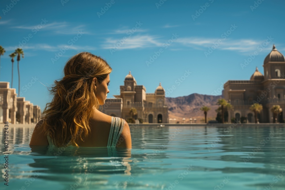 Female relaxing at a luxurious spa wellness resort with blue water in summer.