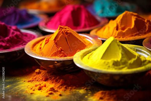 Colorful holi powder in bowls