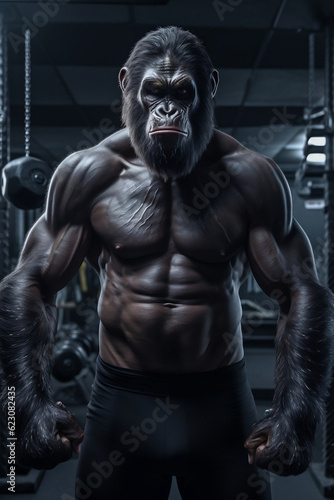 fit Chimpanzee standing at the gym, Muscular chimpanzee mastering his workout routine at the gym, generative AI
