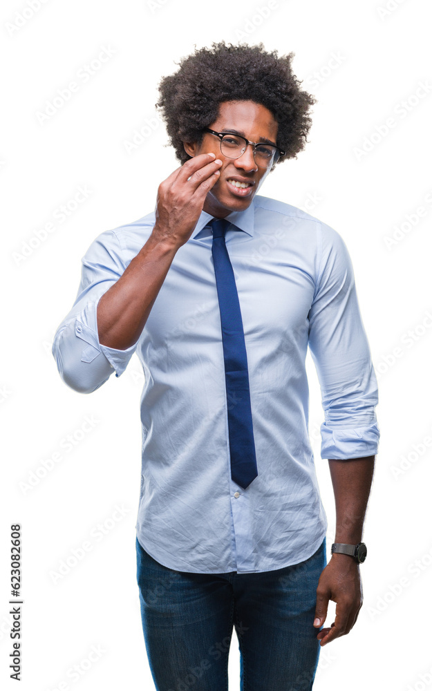 Afro american business man wearing glasses over isolated background touching mouth with hand with painful expression because of toothache or dental illness on teeth. Dentist concept. Afro american business man wearing glasses over isolated background touching mouth with hand with painful expression because of toothache or dental illness on teeth. Dentist concept.