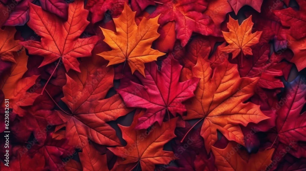 Autumn background with colored red leaves on background. Top view, copy space. Generative AI Autumn background with colored red leaves on background. Top view, copy space. Generative AI