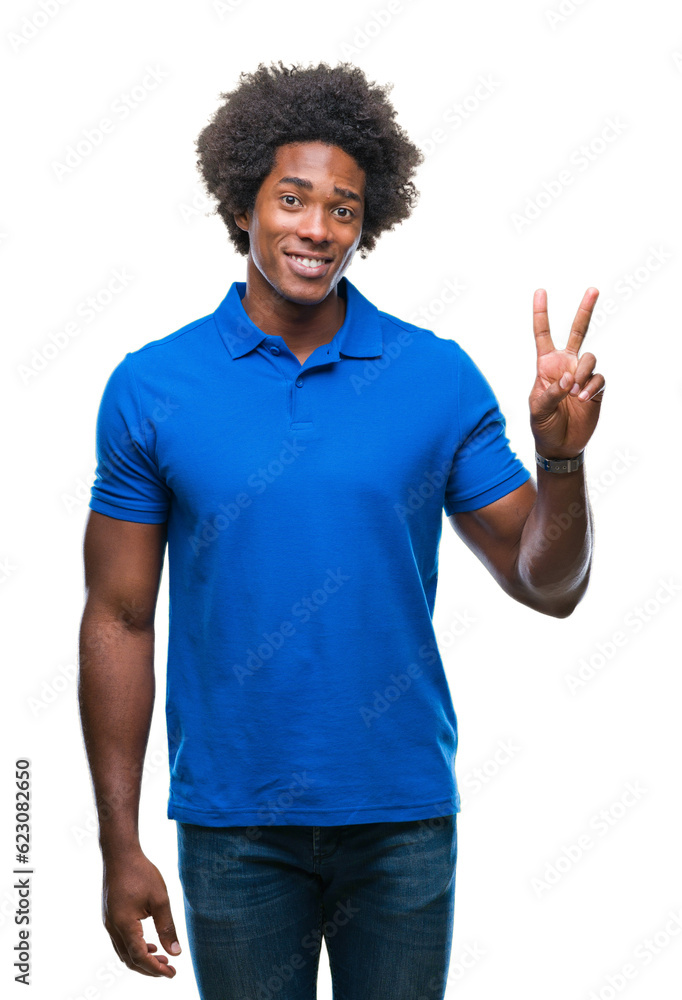 Afro american man over isolated background smiling with happy face winking at the camera doing victory sign. Number two. Afro american man over isolated background smiling with happy face winking at the camera doing victory sign. Number two.