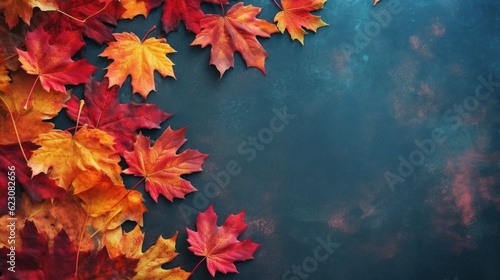 Autumn background with colored red leaves on background. Top view, copy space. Generative AI