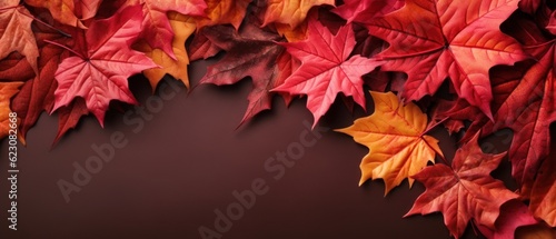 Autumn background with colored red leaves on background. Top view  copy space. Generative AI
