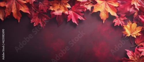 Autumn background with colored red leaves on background. Top view  copy space. Generative AI