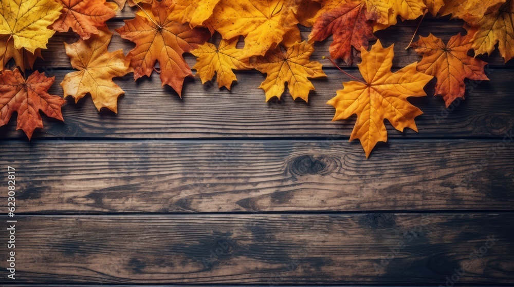 Autumn background with colored red leaves on background. Top view, copy space. Generative AI Autumn background with colored red leaves on background. Top view, copy space. Generative AI