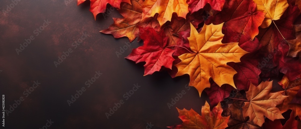 Autumn background with colored red leaves on background. Top view, copy space. Generative AI Autumn background with colored red leaves on background. Top view, copy space. Generative AI