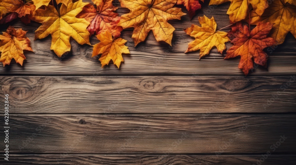 Autumn background with colored red leaves on background. Top view, copy space. Generative AI Autumn background with colored red leaves on background. Top view, copy space. Generative AI