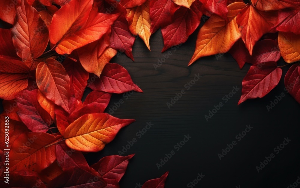 Autumn background with colored red leaves on background. Top view, copy space. Generative AI Autumn background with colored red leaves on background. Top view, copy space. Generative AI