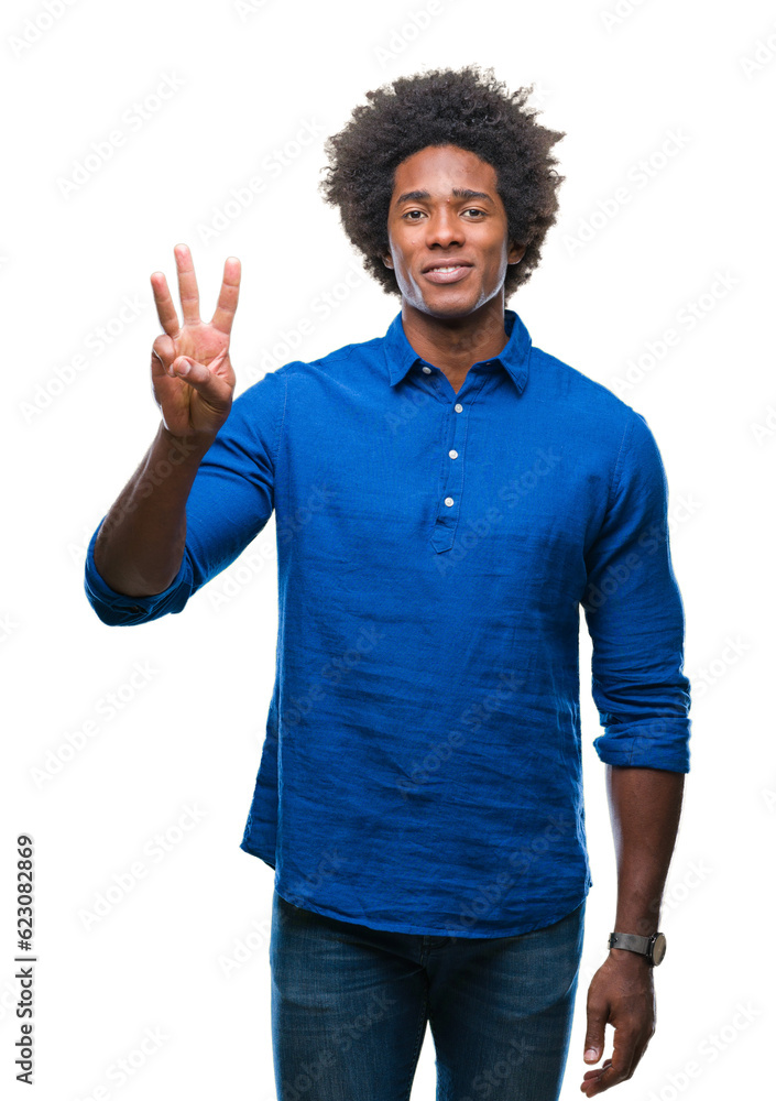 Afro american man over isolated background showing and pointing up with fingers number three while smiling confident and happy. Afro american man over isolated background showing and pointing up with fingers number three while smiling confident and happy.