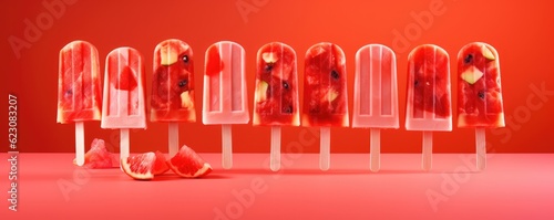 Popsicles of fresh and healthy watermelom on red background, panorama. Generative Ai. photo