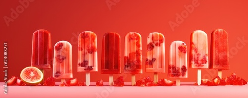 Popsicles of fresh and healthy watermelom on red background, panorama. Generative Ai. photo