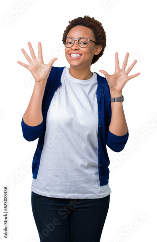Young beautiful african american woman wearing glasses over isolated background showing and pointing up with fingers number ten while smiling confident and happy.